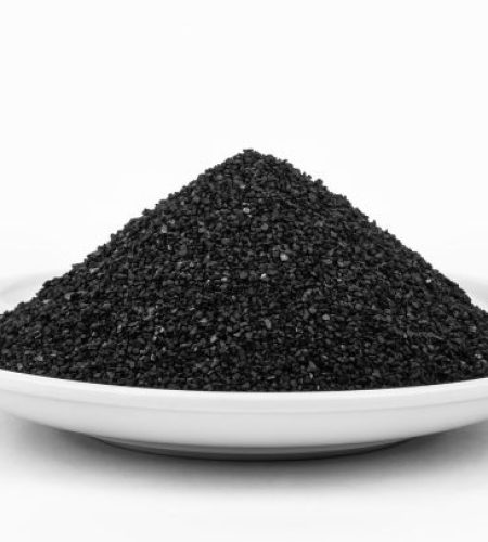 Activated Carbon in the water filter isolated on white background. Activated Carbon on plate.